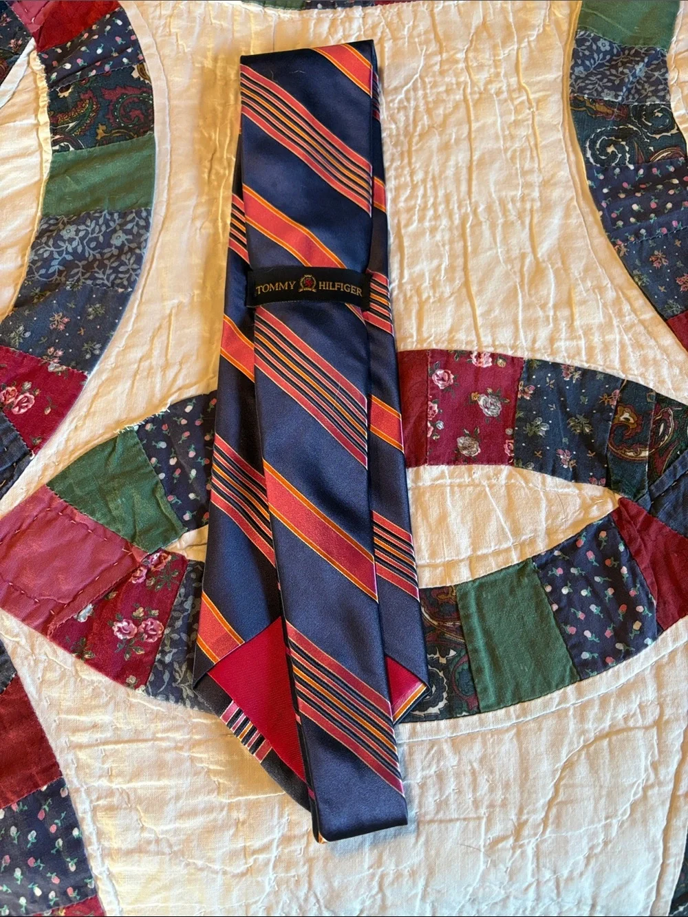 Tommy Hilfiger Navy Tie with Red and Orange Diagonal Stripes All ties are 3 for